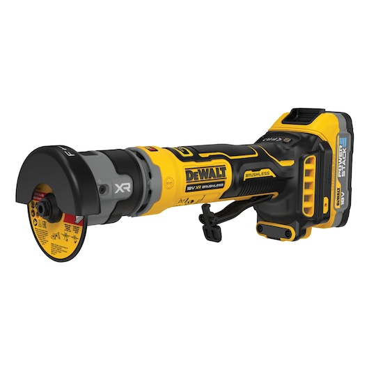 DEWALT 18V XR brushless cordless angle grinder with yellow and black design.