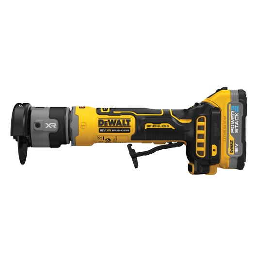 DEWALT 18V cordless brushless rotary tool with POWERSTACK battery, black and yellow, side view.