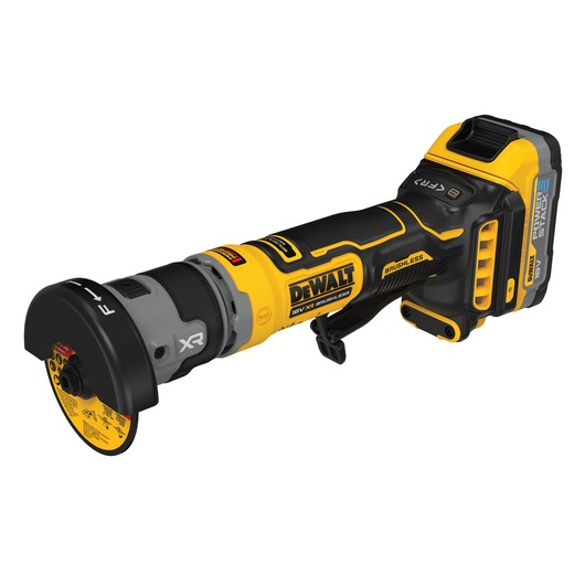 DEWALT 18V cordless brushless grinder with XR and POWERSTACK, shown with yellow and black design.