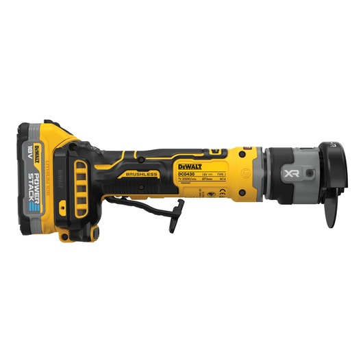 DEWALT DCG430E2T cordless grinder with Powerstack 18V battery, yellow and black, side view.