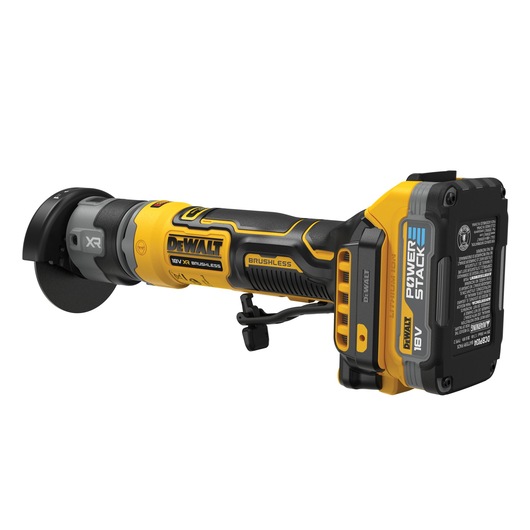 DEWALT 18V XR brushless cordless angle grinder with PowerStack battery, yellow and black, side view.
