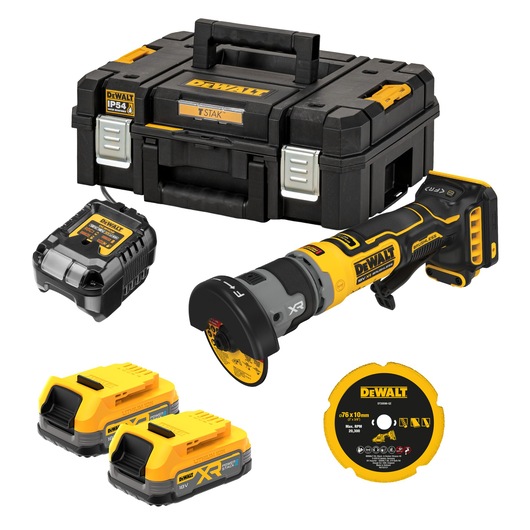 DEWALT cordless grinder kit with batteries, charger, cutting disc, and sturdy case.