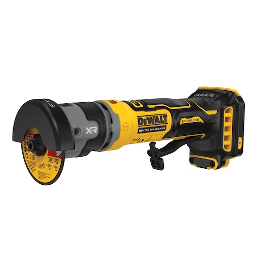 A DEWALT 18V XR brushless cordless angle grinder, shown in yellow and black color with protective guard over the disc. The side handle and battery area are visible.