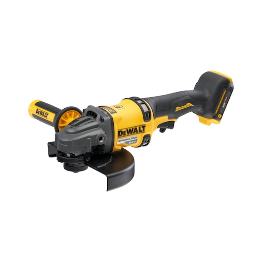 A DEWALT cordless angle grinder with a yellow and black design, brushless motor, and ergonomic handle, model DCG440N. The grinder features a side handle for extra grip and a protective guard around the disc.