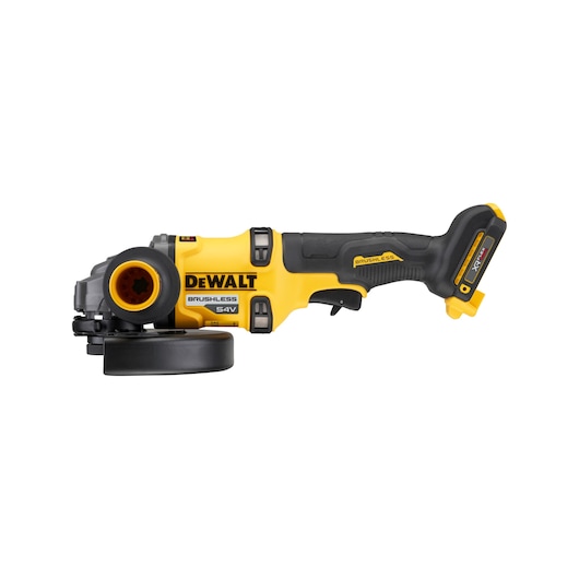 A DEWALT 54V brushless cordless angle grinder with a yellow and black design, showing the side profile of the tool.
