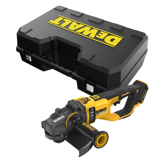 DEWALT cordless angle grinder and black carrying case displayed together.