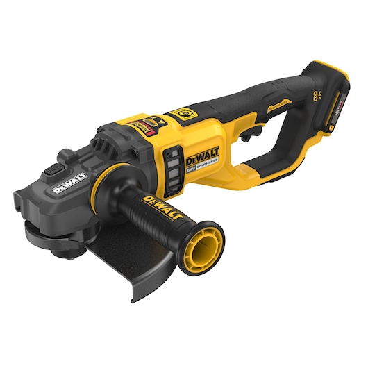 DEWALT cordless brushless angle grinder with a yellow and black handle, side grip, and protective guard.