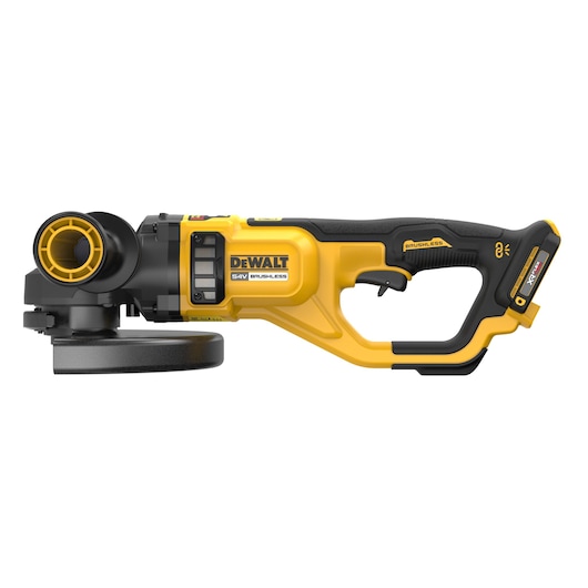 DEWALT 54V cordless brushless angle grinder, yellow and black, shown from the side.