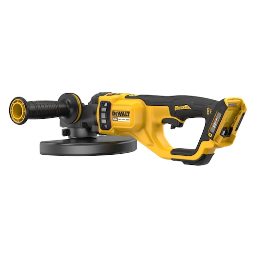 DEWALT cordless brushless polisher DCG460N, yellow and black, with handle and flat disc, on white background.