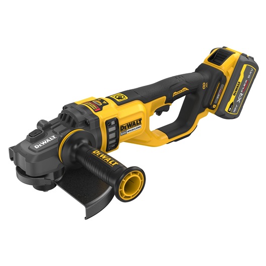 DEWALT cordless angle grinder with yellow and black body, side handle, and battery pack shown on a white background.