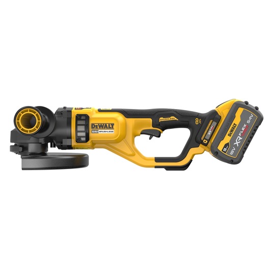 DEWALT DCG460X2 cordless brushless grinder with 54V battery, yellow and black color, side view.