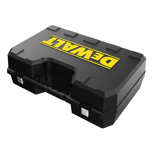 Black DEWALT hard carrying case with yellow logo, sturdy latches, and ergonomic handle for portable tool storage.