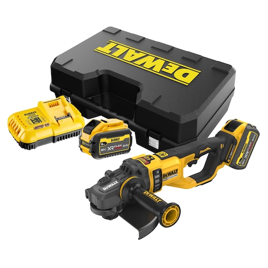 DEWALT cordless grinder kit with charger, battery, and hard carrying case in black and yellow.