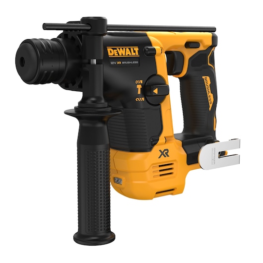A DEWALT 12V XR Brushless rotary hammer drill, model DCH072NT, shown in yellow and black. The drill features a side handle for better grip and control, and a belt hook attached at the base. The tool is designed for drilling into masonry and hard materials.