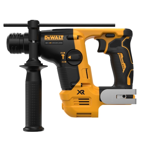 DEWALT hammer drill DCH072NT, DCH072N, DCH072N-XJ. Yellow-black tool with side handle, compact, brushless XR.