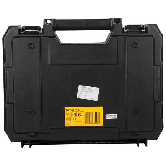 Black DEWALT DCH133NT-XJ tool case with handle, yellow label and product details visible on front.