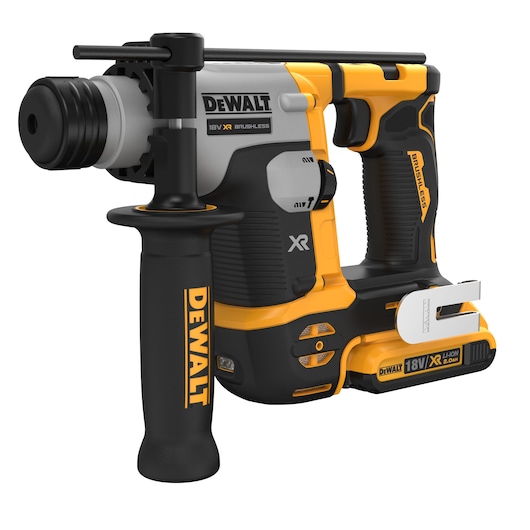 A DEWALT 18V XR cordless brushless rotary hammer drill with a side handle and battery attached. The tool is black and yellow with prominent DEWALT branding.