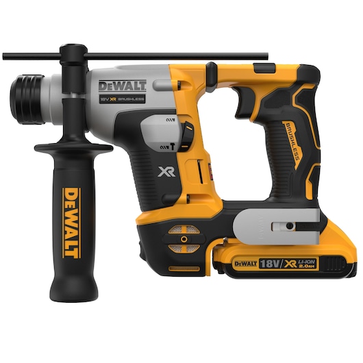 DEWALT 18V XR brushless rotary hammer drill with side handle, shown in yellow and black with branding and lithium-ion battery attached.