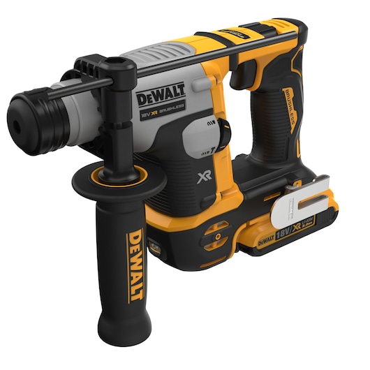 A DEWALT 18V XR brushless cordless rotary hammer drill, featuring a black and yellow design, side handle, and lithium-ion battery.