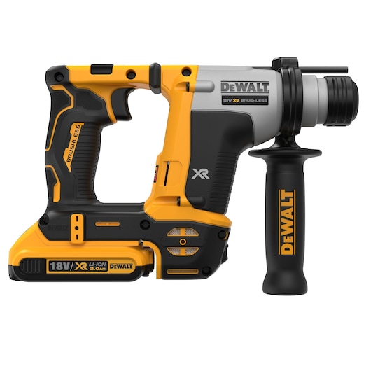DEWALT DCH172D2 18V XR cordless brushless rotary hammer drill with side handle, shown in a close-up product image on a white background.