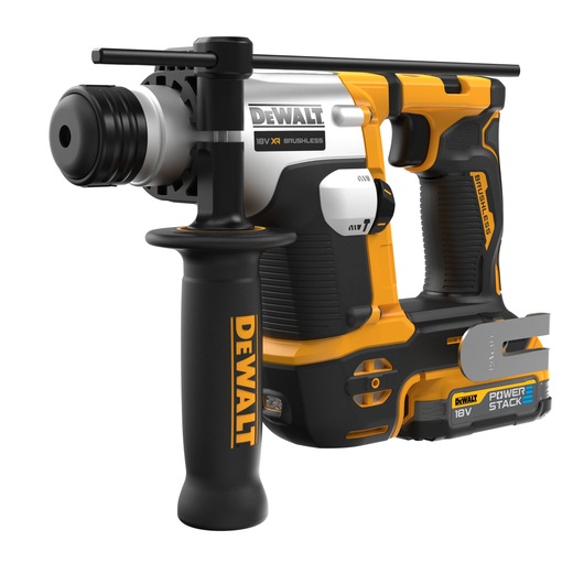 A DEWALT 18V XR brushless rotary hammer drill, featuring a black and yellow design, ergonomic handle with DEWALT branding, auxiliary handle, and POWERSTACK battery.