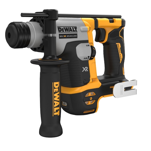 Cordless DEWALT DCH172N 18V XR brushless rotary hammer drill, shown with a side handle and belt clip. The tool is mainly black and yellow with silver accents.