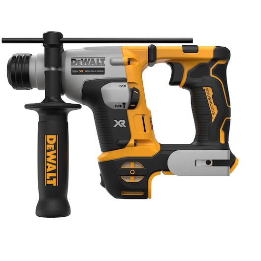 Cordless DEWALT rotary hammer drill in yellow and black with side handle and brushless motor.