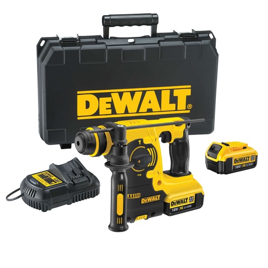 A DEWALT cordless rotary hammer drill kit, including a yellow and black rotary hammer drill, two 18V XR Li-Ion batteries, a battery charger, and a black carrying case with a handle and DEWALT logo.