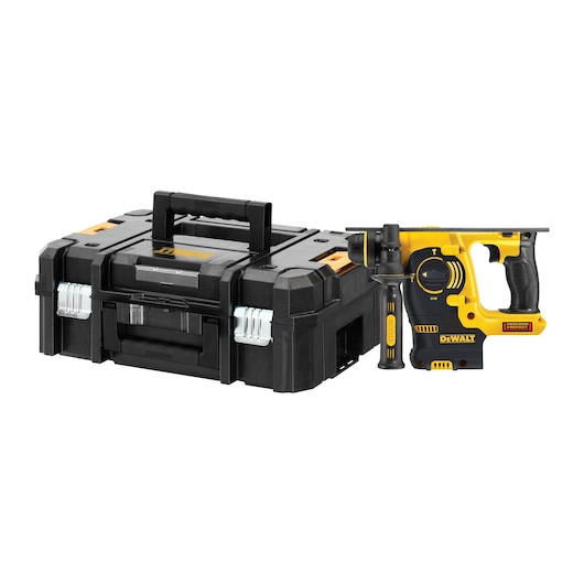 DEWALT rotary hammer drill and black toolbox with handle shown side by side on white background.