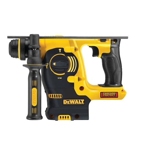 DEWALT DCH253N yellow and black cordless rotary hammer drill with side handle, shown on white background.