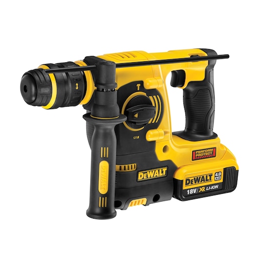 Yellow and black DEWALT cordless rotary hammer drill with handle and 18V XR Li-Ion battery, shown on white background.