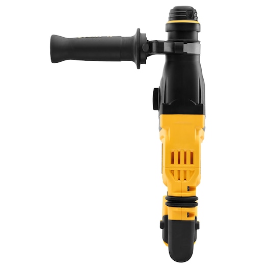 Front view of a DEWALT cordless rotary hammer drill with a side handle, predominantly yellow and black in color, model DCH263N, used for heavy-duty drilling tasks.