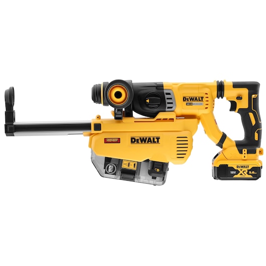 DEWALT yellow cordless rotary hammer drill with dust extractor and battery pack, model DCH263P1.