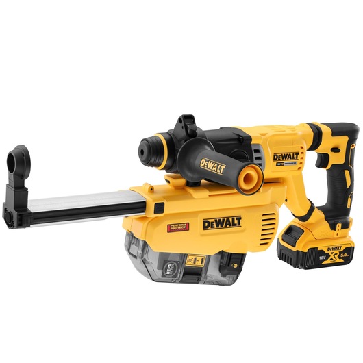 Yellow DEWALT cordless rotary hammer drill with dust extractor attachment and 18V XR battery.