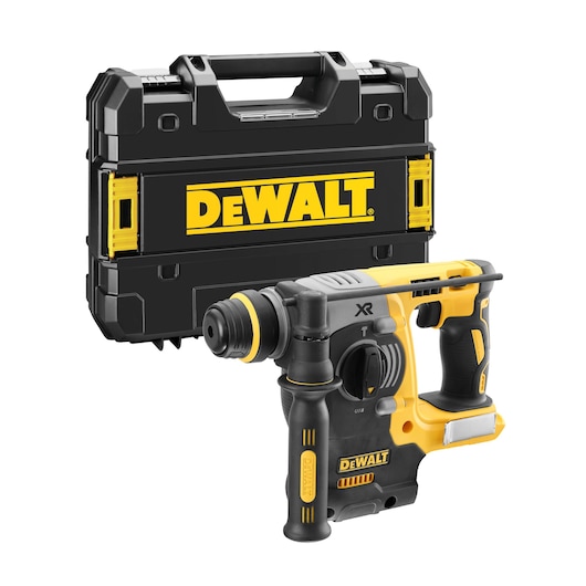 A DEWALT cordless rotary hammer drill with a black and yellow carrying case positioned behind it.