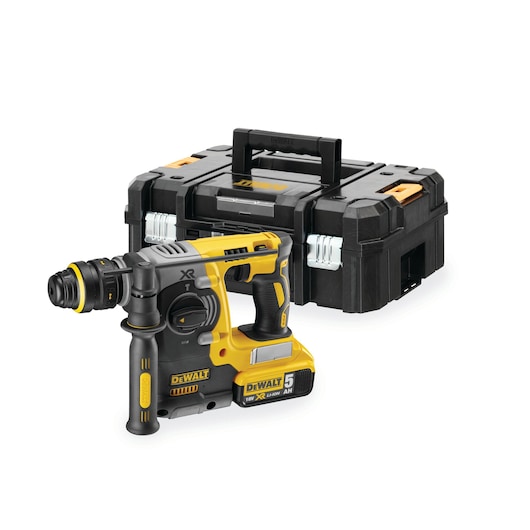 DEWALT cordless rotary hammer drill with battery, shown with black and yellow carrying case.