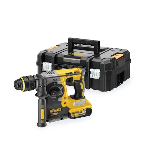 DEWALT cordless rotary hammer drill with battery, shown next to a sturdy black carrying case.