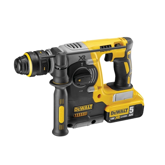 DEWALT cordless rotary hammer drill with 18V XR Li-Ion battery and side handle, shown on a white background.