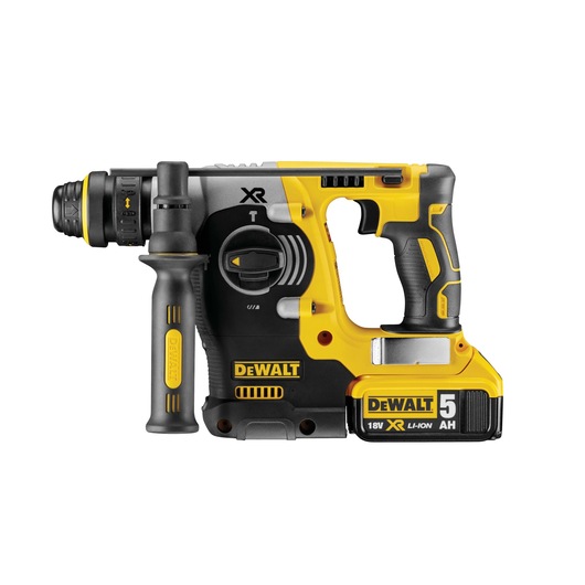 DEWALT cordless rotary hammer drill with 18V XR lithium battery and side handle, yellow and black.