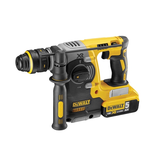 A DEWALT DCH274P2 cordless rotary hammer drill with a 18V XR Li-Ion 5Ah battery, featuring a side handle for better grip. The tool is yellow and black with various control dials visible.