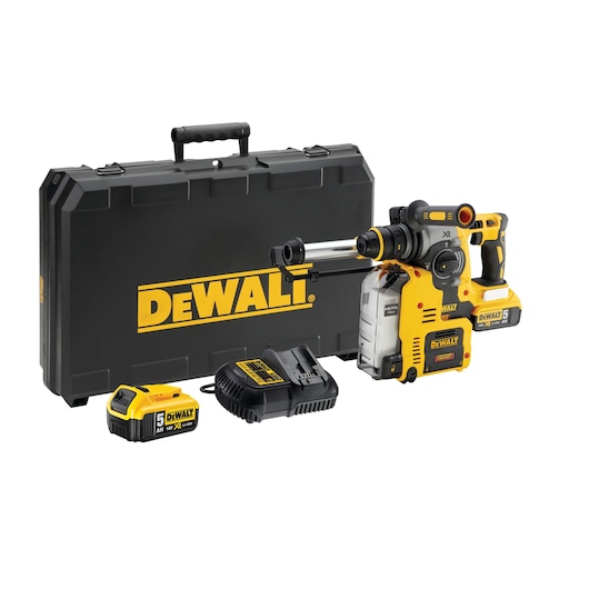 DEWALT cordless rotary hammer kit with case, battery, charger, and dust extractor.