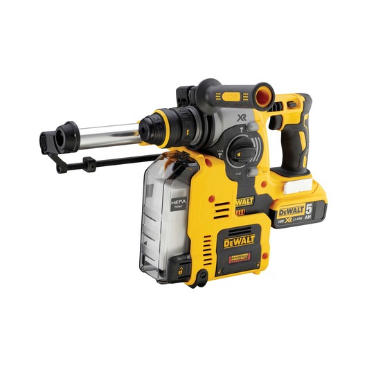 DEWALT DCH275P2 cordless rotary hammer drill with HEPA filter, yellow and black, 18V XR Li-Ion 5Ah.