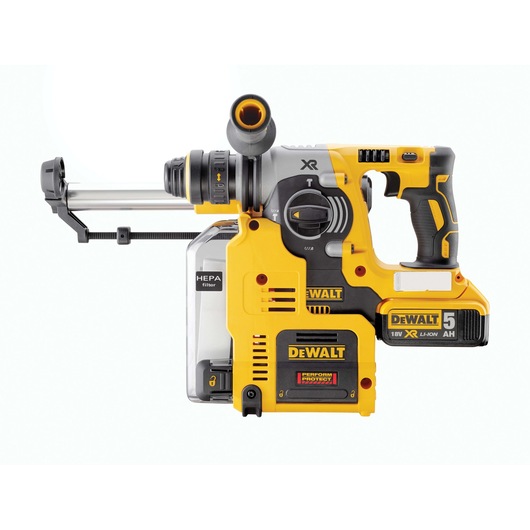 DEWALT cordless rotary hammer drill with HEPA filter and 18V XR battery, yellow and black design.