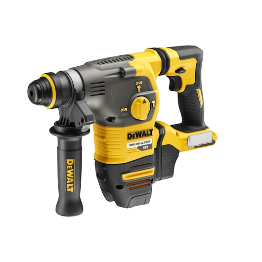 DEWALT yellow and black cordless rotary hammer drill with side handle, model DCH323NT.