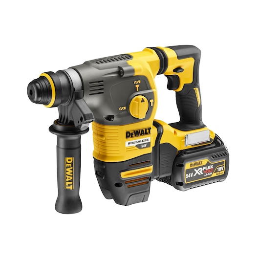 DEWALT cordless rotary hammer drill with side handle and battery, yellow and black design, model DCH323T2.
