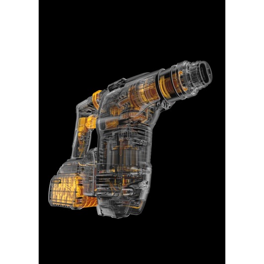 Transparent rendering of a cordless rotary hammer drill showing internal orange and black components on black background.