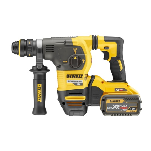 DEWALT DCH334X2 54V XR FLEXVOLT brushless rotary hammer drill with side handle and battery pack, designed for heavy-duty construction and drilling tasks.