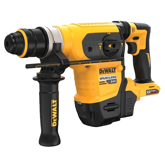 Yellow and black DEWALT 54V cordless rotary hammer drill with side handle and brushless motor.