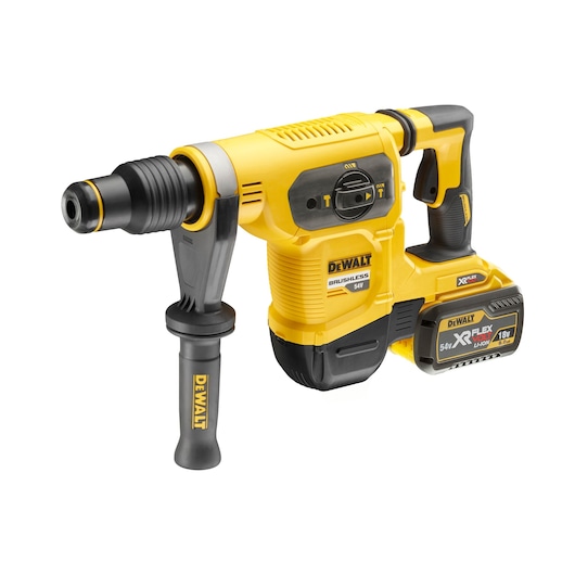 A DEWALT cordless rotary hammer drill, model DCH481N, shown with a yellow and black design, side handle, and attached battery pack.