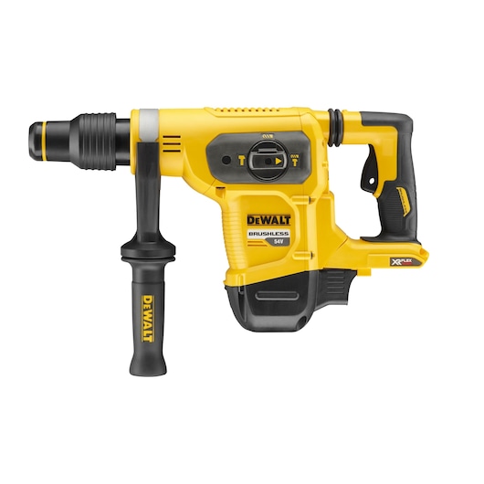A DEWALT yellow and black cordless rotary hammer drill, model DCH481N, with a side handle, brushless motor, and 54V XR FLEXVOLT branding.
